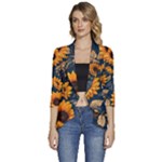 Flower Pattern Spring Women s 3/4 Sleeve Ruffle Edge Open Front Jacket