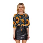 Flower Pattern Spring Mid Sleeve Drawstring Hem Top