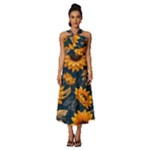 Flower Pattern Spring Sleeveless Cross Front Cocktail Midi Chiffon Dress