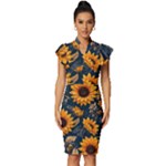 Flower Pattern Spring Vintage Frill Sleeve V-Neck Bodycon Dress