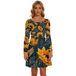 Flower Pattern Spring Long Sleeve Wide Neck Velvet Dress