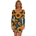 Flower Pattern Spring Long Sleeve Square Neck Bodycon Velvet Dress