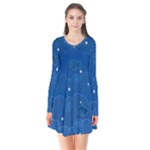 Sky Night Moon Clouds Crescent Long Sleeve V-neck Flare Dress