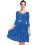Sky Night Moon Clouds Crescent Quarter Sleeve Waist Band Dress