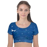 Sky Night Moon Clouds Crescent Velvet Short Sleeve Crop Top 