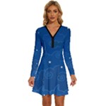 Sky Night Moon Clouds Crescent Long Sleeve Deep V Mini Dress 