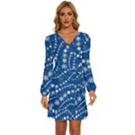 Snowflakes Winter Background Long Sleeve Waist Tie Ruffle Velvet Dress