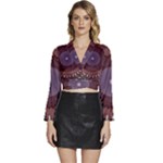 Art Pattern Design Long Sleeve Tie Back Satin Wrap Top