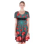 Fractal Red Spiral Abstract Art Short Sleeve V-neck Flare Dress