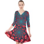 Fractal Red Spiral Abstract Art Quarter Sleeve Front Wrap Dress