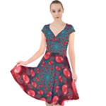 Fractal Red Spiral Abstract Art Cap Sleeve Front Wrap Midi Dress
