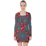 Fractal Red Spiral Abstract Art V-neck Bodycon Long Sleeve Dress