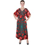 Fractal Red Spiral Abstract Art V-Neck Boho Style Maxi Dress