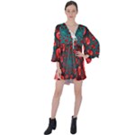 Fractal Red Spiral Abstract Art V-Neck Flare Sleeve Mini Dress