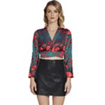 Fractal Red Spiral Abstract Art Long Sleeve Tie Back Satin Wrap Top