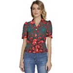 Fractal Red Spiral Abstract Art Puffed Short Sleeve Button Up Jacket