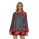 Fractal Red Spiral Abstract Art Round Neck Long Sleeve Bohemian Style Chiffon Mini Dress