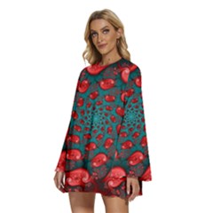 Round Neck Long Sleeve Bohemian Style Chiffon Mini Dress 