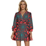 Fractal Red Spiral Abstract Art V-Neck Placket Mini Dress