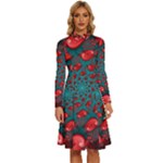 Fractal Red Spiral Abstract Art Long Sleeve Shirt Collar A-Line Dress