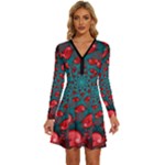 Fractal Red Spiral Abstract Art Long Sleeve Deep V Mini Dress 
