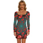 Fractal Red Spiral Abstract Art Long Sleeve Square Neck Bodycon Velvet Dress