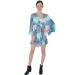 Leaves Glitter Background Winter V-Neck Flare Sleeve Mini Dress