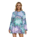 Leaves Glitter Background Winter Round Neck Long Sleeve Bohemian Style Chiffon Mini Dress