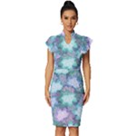 Leaves Glitter Background Winter Vintage Frill Sleeve V-Neck Bodycon Dress