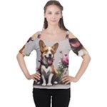 Cute Corgi Dog With Flowers Cutout Shoulder T-Shirt