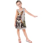 Cute Corgi Dog With Flowers Kids  Sleeveless Dress