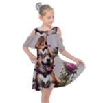 Cute Corgi Dog With Flowers Kids  Shoulder Cutout Chiffon Dress
