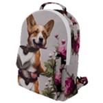 Cute Corgi Dog With Flowers Flap Pocket Backpack (Small)
