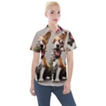 Cute Corgi Dog With Flowers Women s Short Sleeve Pocket Shirt