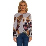 Cute Corgi Dog With Flowers Long Sleeve Crew Neck Pullover Top