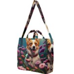 Cute Corgi Dog With Flowers 2 Square Shoulder Tote Bag