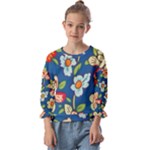Mid Century Retro Floral 1970s 1960s Pattern 32 Kids  Cuff Sleeve Top