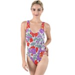Mid Century Retro Floral 1970s 1960s Pattern 31 High Leg Strappy Swimsuit