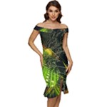 Machine Technology Circuit Electronic Computer Technics Detail Psychedelic Abstract Pattern Off Shoulder Ruffle Split Hem Bodycon Dress
