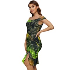 Off Shoulder Ruffle Split Hem Bodycon Dress 