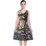 Psychedelic Funky Trippy V-Neck Midi Sleeveless Dress 