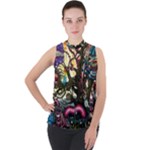 Psychedelic Funky Trippy Mock Neck Chiffon Sleeveless Top