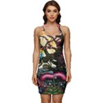Psychedelic Funky Trippy Sleeveless Wide Square Neckline Ruched Bodycon Dress