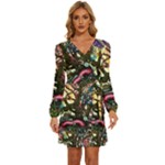 Psychedelic Funky Trippy Long Sleeve Waist Tie Ruffle Velvet Dress