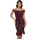 Technology Computer Circuit Off Shoulder Ruffle Split Hem Bodycon Dress