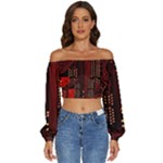 Technology Computer Circuit Long Sleeve Crinkled Weave Crop Top