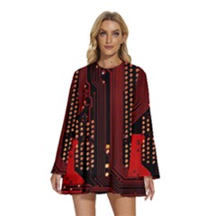 Round Neck Long Sleeve Bohemian Style Chiffon Mini Dress 