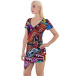 Psychedelic Trippy Hippie  Weird Art Short Sleeve Asymmetric Mini Dress