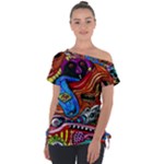 Psychedelic Trippy Hippie  Weird Art Off Shoulder Tie-Up T-Shirt