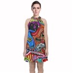 Psychedelic Trippy Hippie  Weird Art Velvet Halter Neckline Dress 